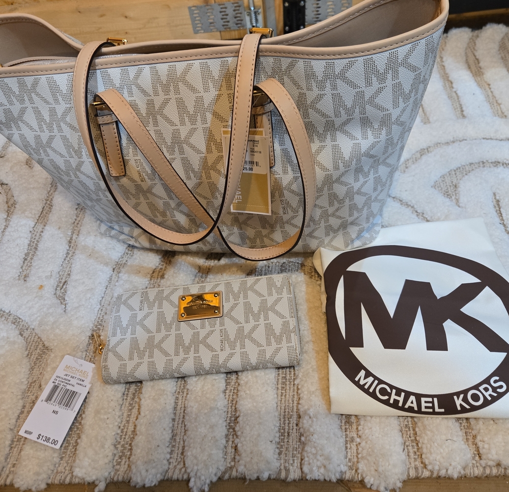 Michael Kors Beige Signature Logo Tote with Matching Wallet & Dust Bag